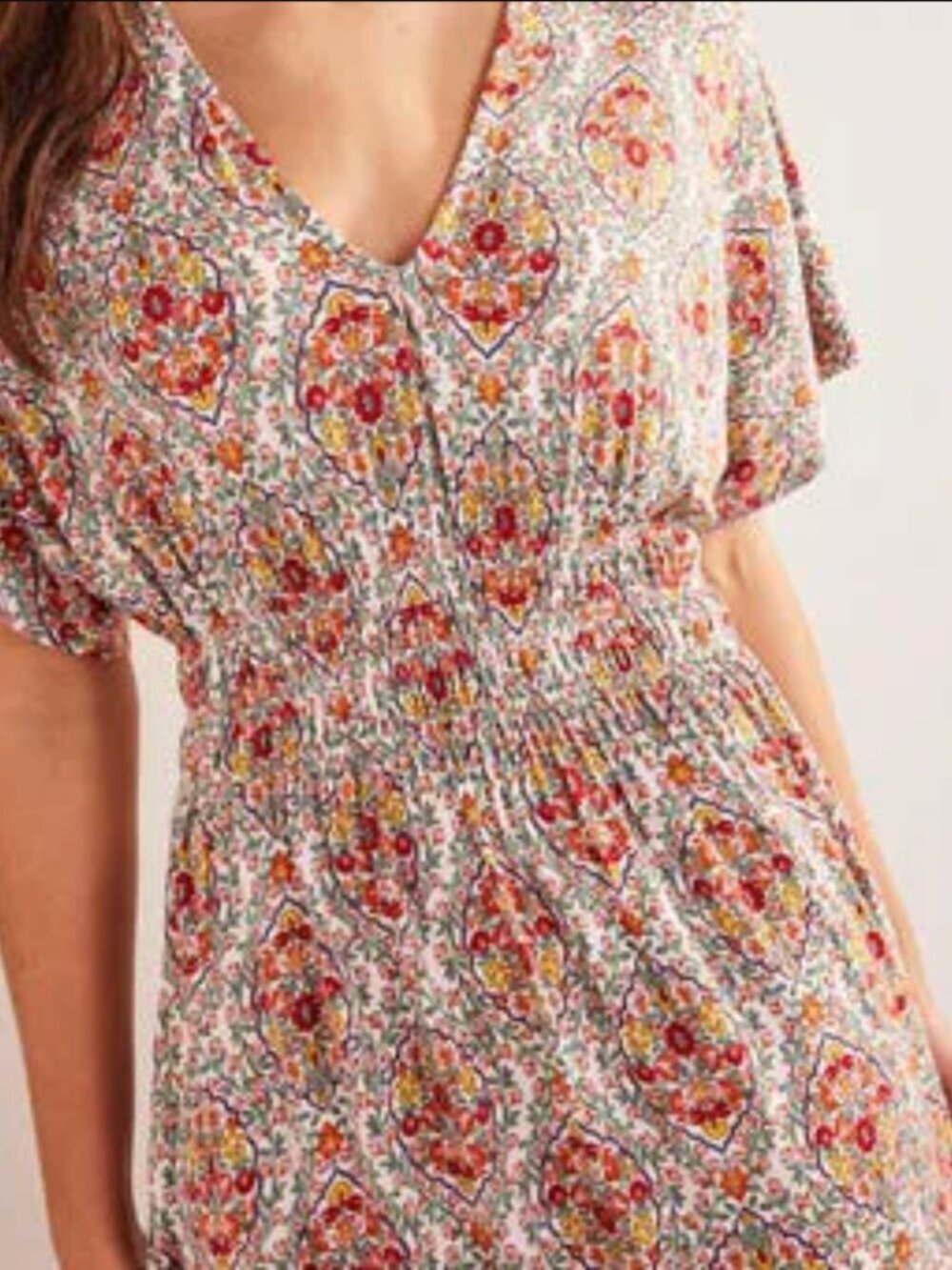 Boden Smock Waist Flutter Short Sleeve V Neck Maxi Dress Red Floral Print, 12P - Picture 13 of 13